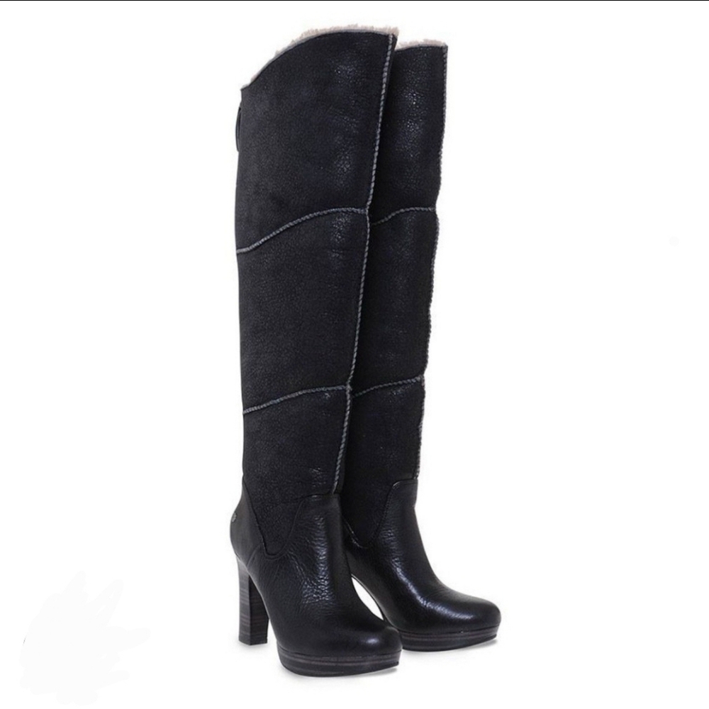 Ugg Over The Knee Boots Black Suede Leather Fur Dreaux Size 7.5